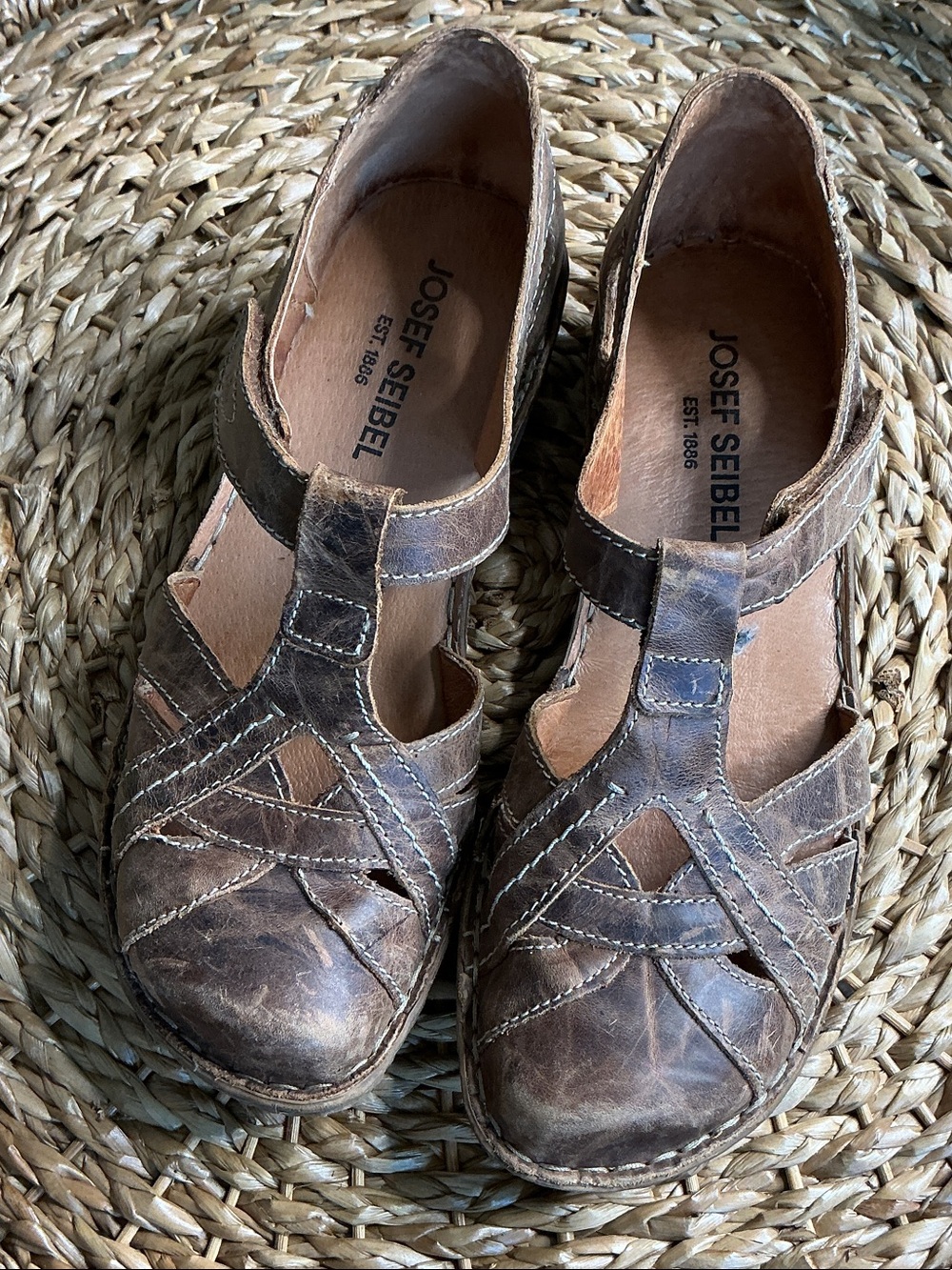 Josef Seibel Brown Leather T-Strap Clog Mules